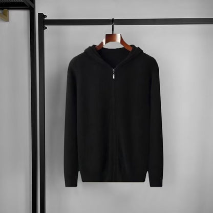 Kaschmir Hoodie Herren Strickjacke locker gestrickt Wollpullover mit Mütze