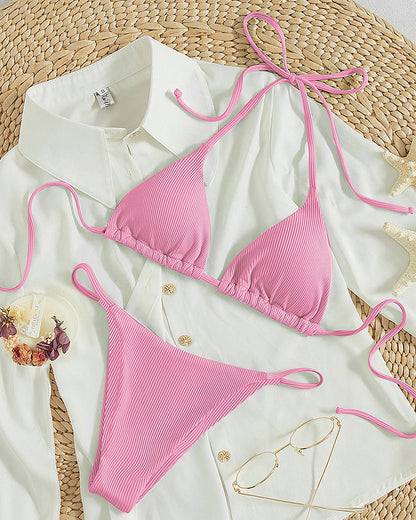 Hängender Hals-Bikini mit mehrfarbigem Dreipunkt-Badeanzug für heiße Quellen